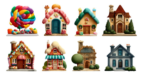 Obraz premium Colorful Candy Houses and Unique Styles in an Isolated Transparent Background
