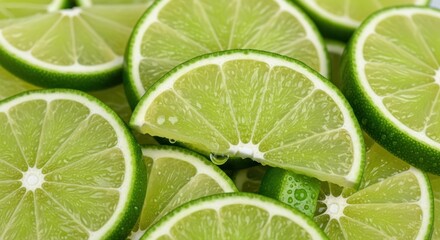 Slices of fresh, vibrant green citrus fruit are artfully arranged, showcasing bright, refreshing colors and textures with a  perspective, and some slices display droplets of water creating visual...