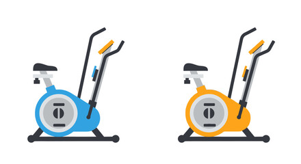 Two exercise bikes in blue and yellow flat vector illustration