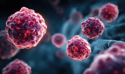 Red, glowing spheres, cellular, against blue background