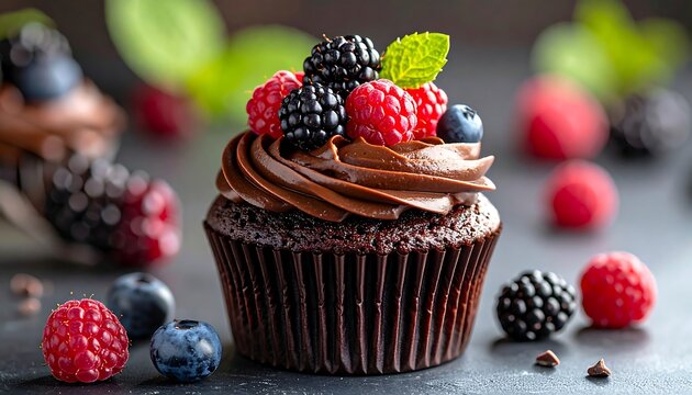 Close-up of a chocolate cupcake with berries and mint garnish