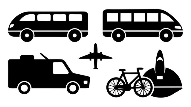 Transportation icons featuring vans airplane truck bicycle and surfboard
