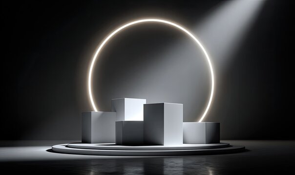 Cubes on platform, lit ring background, strong spotlight