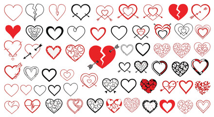 Decorative Heart Symbols Vector Icon Set Hand Drawn Love Elements in Red and Black