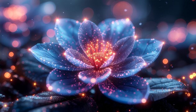 Abstract luminous data flower — glowing 3D bloom with digital particles and neon bokeh lights