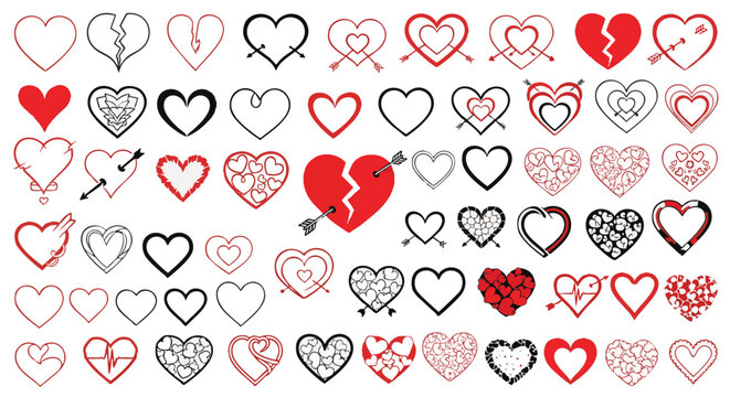 Decorative Heart Symbols Vector Icon Set Hand Drawn Love Elements in Red and Black