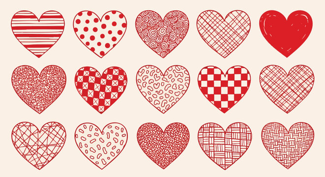 Hand Drawn Doodle Hearts Vector Collection with Decorative Red Patterns - Powered by Adobe