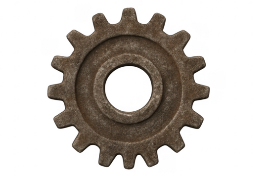 Rusty metal cogwheel gear mechanism on transparent background