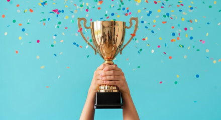 Golden trophy held aloft by two hands with colorful confetti falling against blue background, celebration and achievement in festive scene