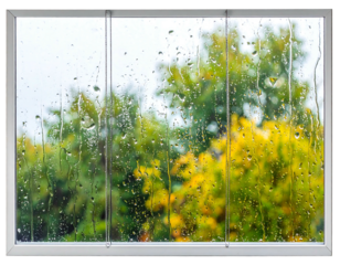 Rainy window view blurred trees in autumn colors, raindrops clinging to the glass, soft light