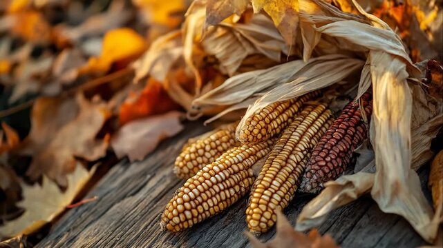 Close Up of Indian Corn Cobs Surrounded by Autumn Leaves and Husks on Wooden Surface