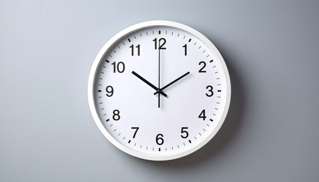 Minimal white wall clock with black hands and numbers showing time at ten ten on light gray background symbolizing punctuality precision and modern simplicity.
