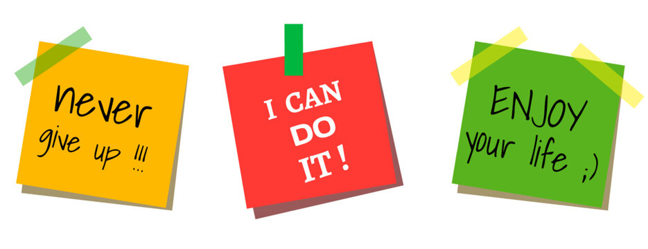 Naklejki Motivational quotes. Quote never give up, i can do it, and enjoy your life. Daily motivational sentences.