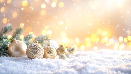 Christmas balls on snow with bokeh background, winter holiday concept