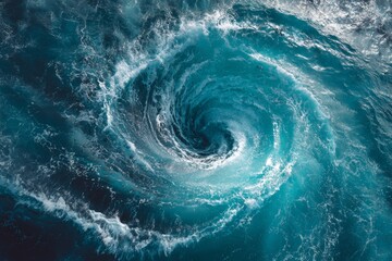 Powerful ocean whirlpool vortex with swirling turquoise waves and white foam, dynamic top view of turbulent sea water motion symbolizing energy, chaos, and natural force
