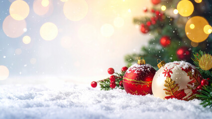 Christmas greeting card. Festive decoration on bokeh background. New Year concept. Copy space.