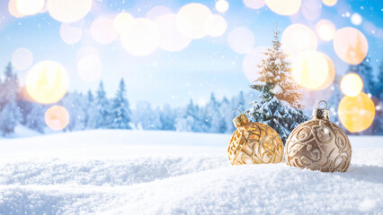 Christmas greeting card. Festive decoration on snow. New Year concept. Copy space.