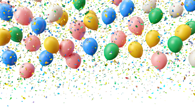 Colorful balloons and confetti floating against a blurred background