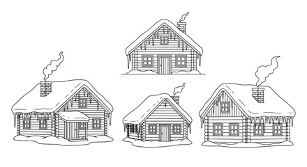 Charming winter cabin sketches showcase cozy homes with smoking chimneys