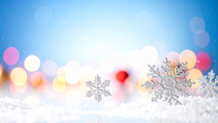 Christmas background with bokeh lights and snowflakes.