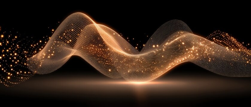 Glowing, wavy mesh structure with sparkling particles