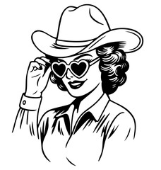 Retro cowgirl girl in hat and heart sunglasses.  classic 50s 60s and 70s