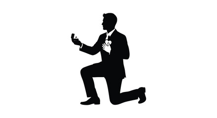 Man in a suit on one knee holding a ring box in a proposal gesture silhouette