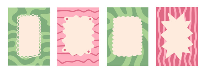 Set of of wavy vertical backgrounds with frames. Colorful hand drawn design for cards, posters, covers, banners or branding. Pink and green colors.