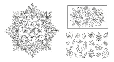 Detailed floral arrangements and individual blooms in black and white line art
