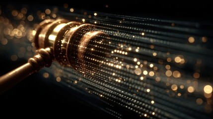 Judge gavel surrounded by glowing binary code streams symbolizing artificial intelligence bias and algorithmic discrimination in modern justice system, legal technology ethics and fairness concept.