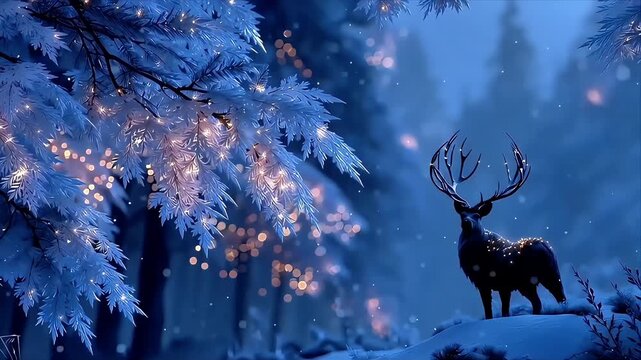 Luminous Frostwood: Enchanted Deer in Moonlit Winter Forest