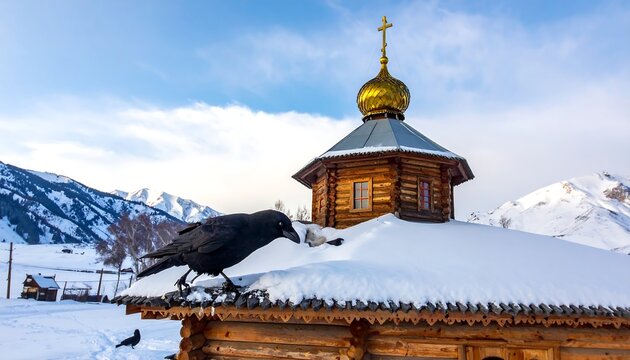 A black crow sits atop a snow-covered wooden structure with golden dome