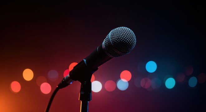 Microphone on Stage: A close-up shot of a classic microphone on a stand, illuminated by stage lighting with colorful bokeh in the background.