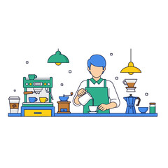 Barista Preparing Coffee Pouring Milk into Cup Behind Counter with Espresso Machine Grinder Moka Pot