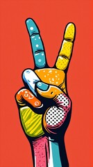 A vibrant, stylized hand making a peace sign against a bold red background. Each finger is uniquely decorated with colorful patterns and texturesstripes, plaid, dotsand the thumb features an orange ci