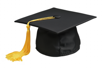Black graduation cap with gold tassel isolated on a transparent background
