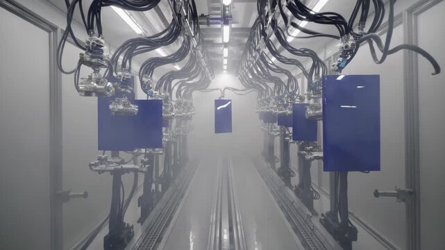 Data center corridor showcasing rows of server racks with blue panels and complex cabling, creating an infinite perspective, representing technology, big data, and cloud computing concepts