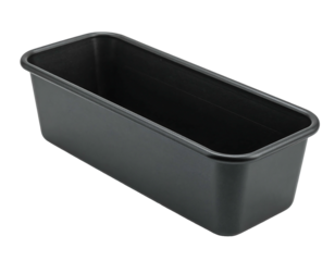 Rectangular, gray, non-stick baking pan, top right perspective, deep dark interior, isolated on black backdrop
