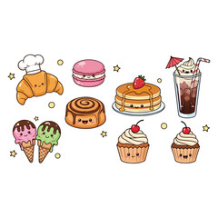 Cute Kawaii Dessert Food Characters Collection Smiling Croissant Macaron Pancakes Ice Cream Cupcakes and Coffee Drink