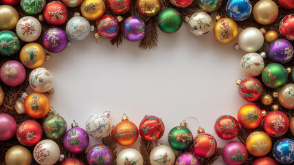 Colorful Christmas ornaments arranged in a circular frame with festive decorations