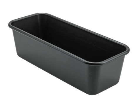 Rectangular, gray, non-stick baking pan, top right perspective, deep dark interior, isolated on black backdrop