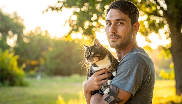A man gazes at camera while holding a cat in a sunlit park