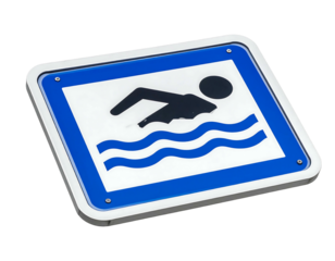 Rectangular swimming sign featuring a dark silhouette of a swimmer floating above stylized blue water waves