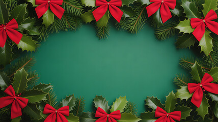 Christmas holly and red bows arranged in a circular frame on a green background
