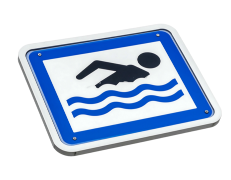 Rectangular swimming sign featuring a dark silhouette of a swimmer floating above stylized blue water waves