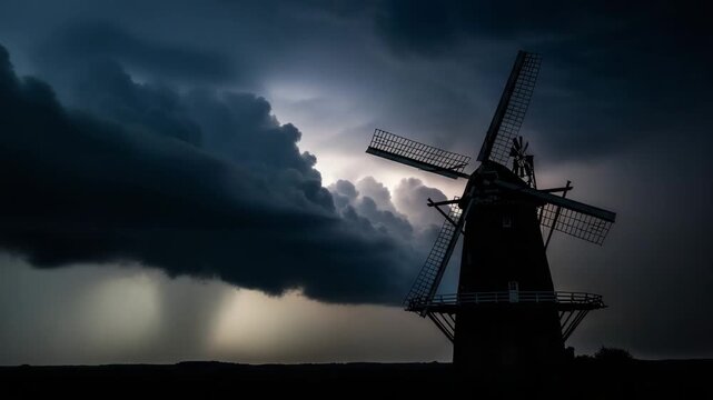 Silhouetted Traditional Windmill Against a Dramatic Stormy Night Sky.