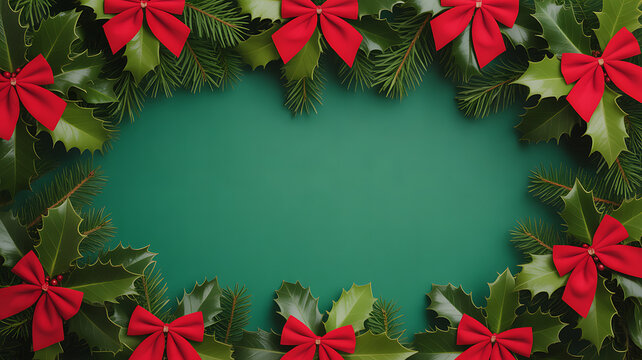 Christmas holly and red bows arranged in a circular frame on a green background