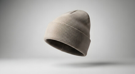 Minimalist beige beanie hat floating in the studio, perfect for apparel mockups and winter fashion design concepts