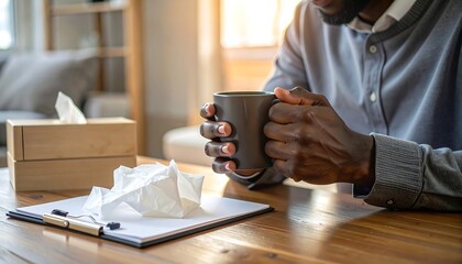 A person of color holding a warm mug by tissue box
