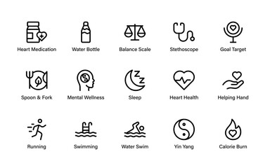 Fitness and active living icons. This collection features running, swimming, workouts, healthy eating, heart care, medication symbols.